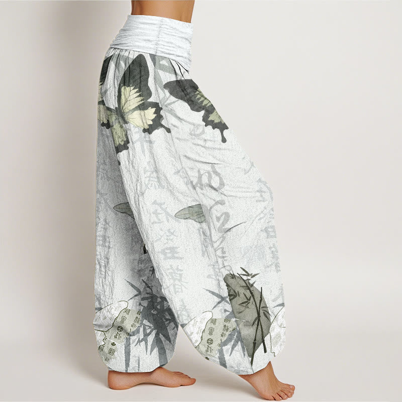 Buddha Stones Pure Cotton Butterfly Bamboo Leaves Chinese Characters Pattern Women's Elastic Waist Harem Pants - image 11