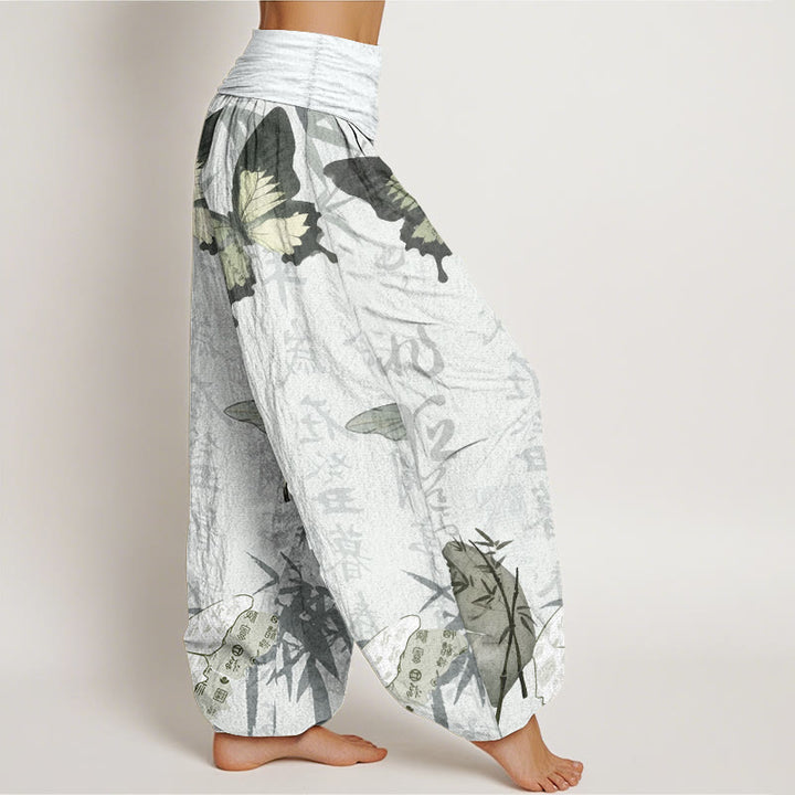 Buddha Stones Pure Cotton Butterfly Bamboo Leaves Chinese Characters Pattern Women's Elastic Waist Harem Pants