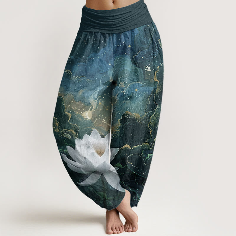 Buddha Stones Pure Cotton Casual Lotus Starry Sky Clouds Pattern Women's Elastic Waist Harem Pants - DarkCyan - US22，UK/AU26，EU54 (6XL) - image 0
