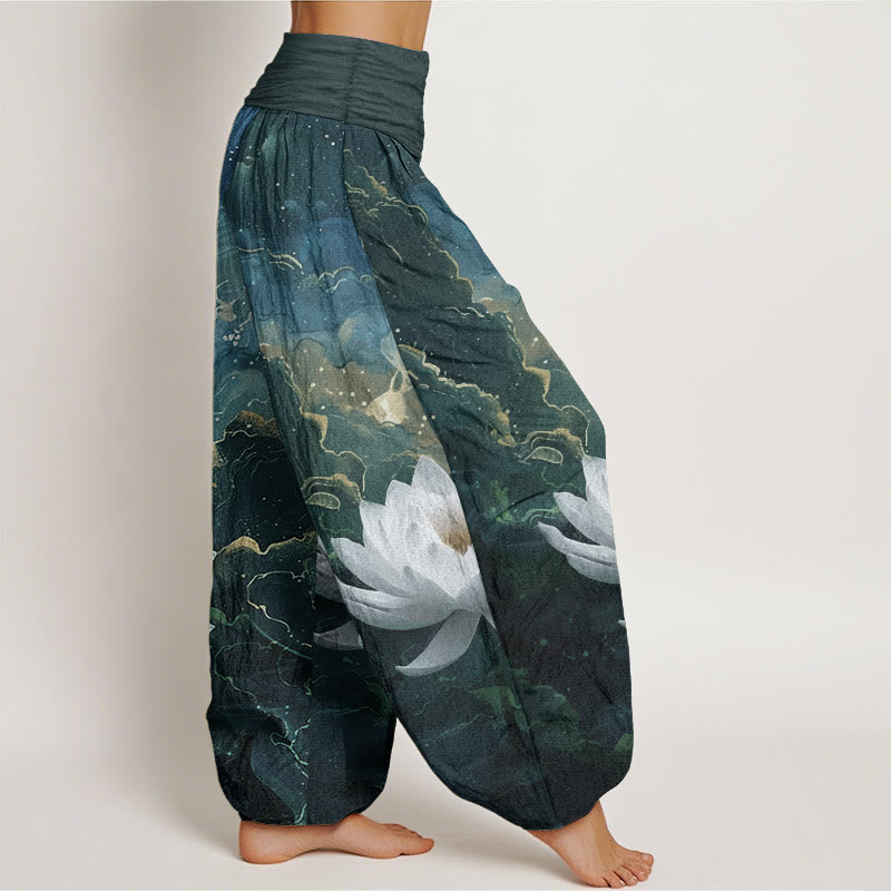 Buddha Stones Pure Cotton Casual Lotus Starry Sky Clouds Pattern Women's Elastic Waist Harem Pants - image 2