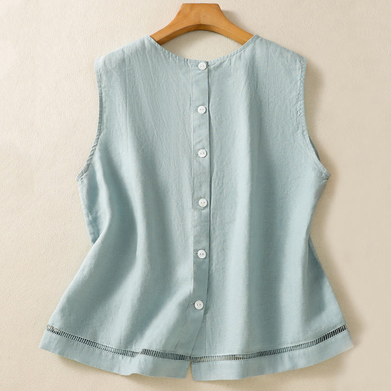 Buddha Stones Simple Crew Neck Button Design Women's Cotton Sleeveless Vest - image 7