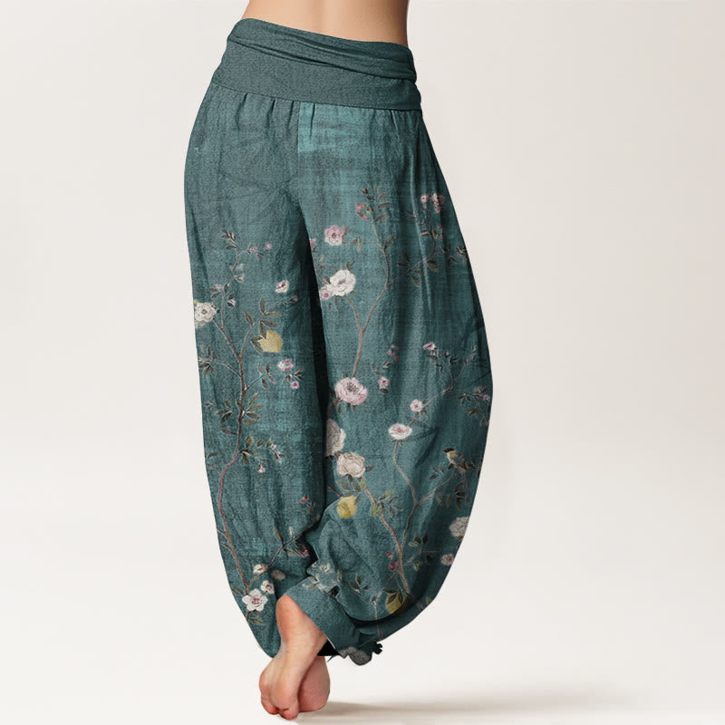 Buddha Stones Pure Cotton Pink White Flowers Bamboo Leaves Fruits Design Women's Elastic Waist Harem Pants