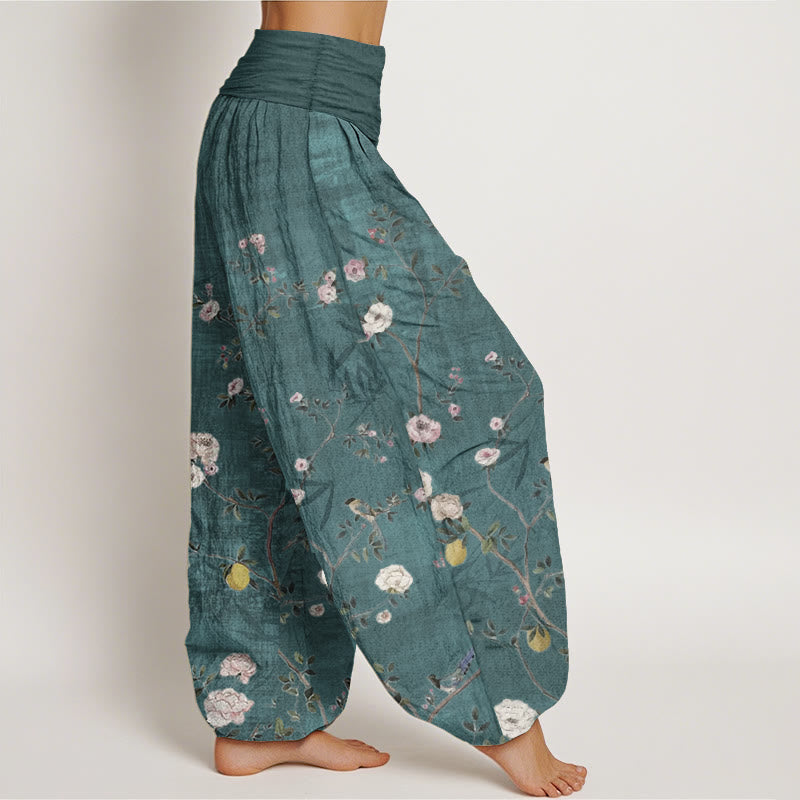 Buddha Stones Pure Cotton Pink White Flowers Bamboo Leaves Fruits Design Women's Elastic Waist Harem Pants