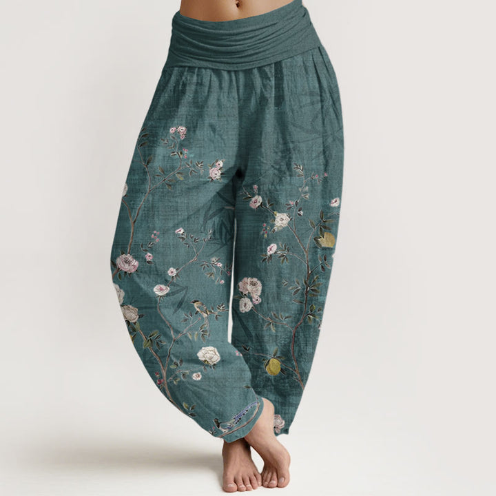 Buddha Stones Pure Cotton Pink White Flowers Bamboo Leaves Fruits Design Women's Elastic Waist Harem Pants