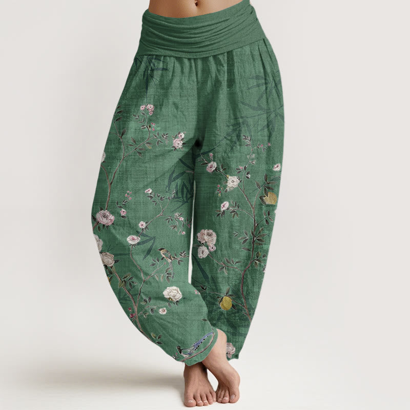 Buddha Stones Pure Cotton Pink White Flowers Bamboo Leaves Fruits Design Women's Elastic Waist Harem Pants