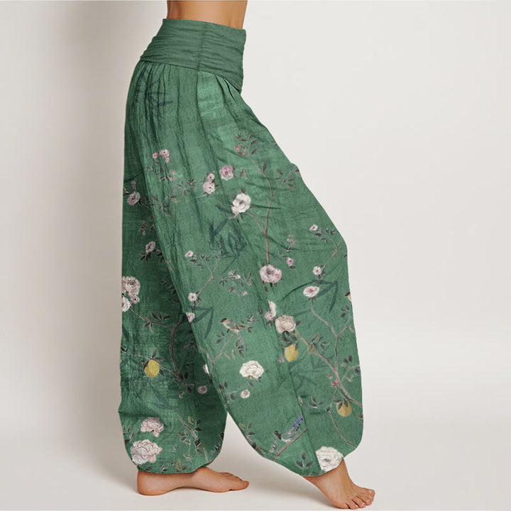 Buddha Stones Pure Cotton Pink White Flowers Bamboo Leaves Fruits Design Women's Elastic Waist Harem Pants