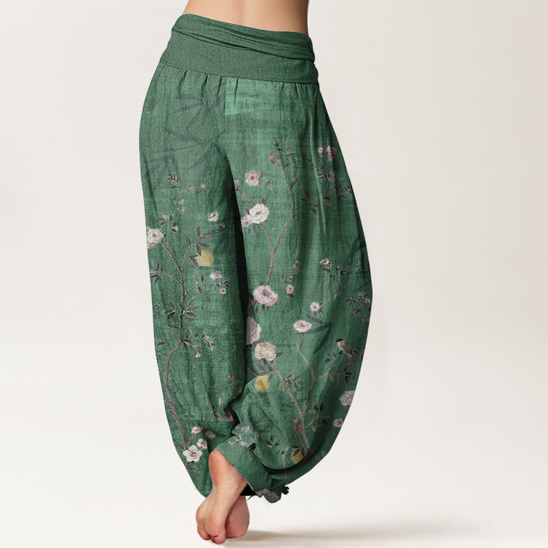 Buddha Stones Pure Cotton Pink White Flowers Bamboo Leaves Fruits Design Women's Elastic Waist Harem Pants