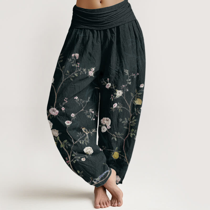 Buddha Stones Pure Cotton Pink White Flowers Bamboo Leaves Fruits Design Women's Elastic Waist Harem Pants