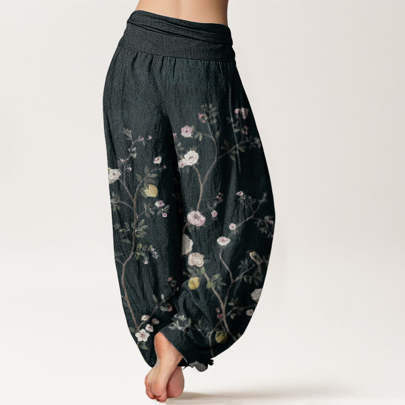 Buddha Stones Pure Cotton Pink White Flowers Bamboo Leaves Fruits Design Women's Elastic Waist Harem Pants