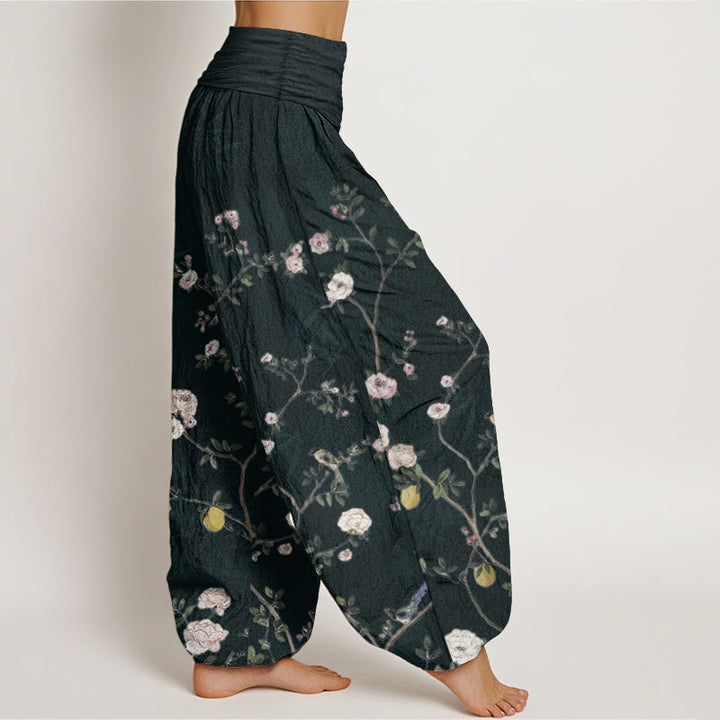 Buddha Stones Pure Cotton Pink White Flowers Bamboo Leaves Fruits Design Women's Elastic Waist Harem Pants