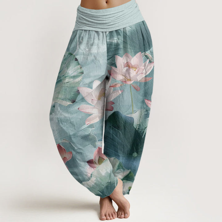 Buddha Stones Pure Cotton Casual Lotus Petal Pond Pattern Women's Elastic Waist Harem Pants