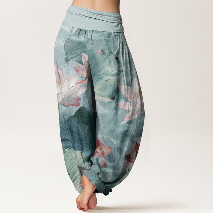 Buddha Stones Pure Cotton Casual Lotus Petal Pond Pattern Women's Elastic Waist Harem Pants