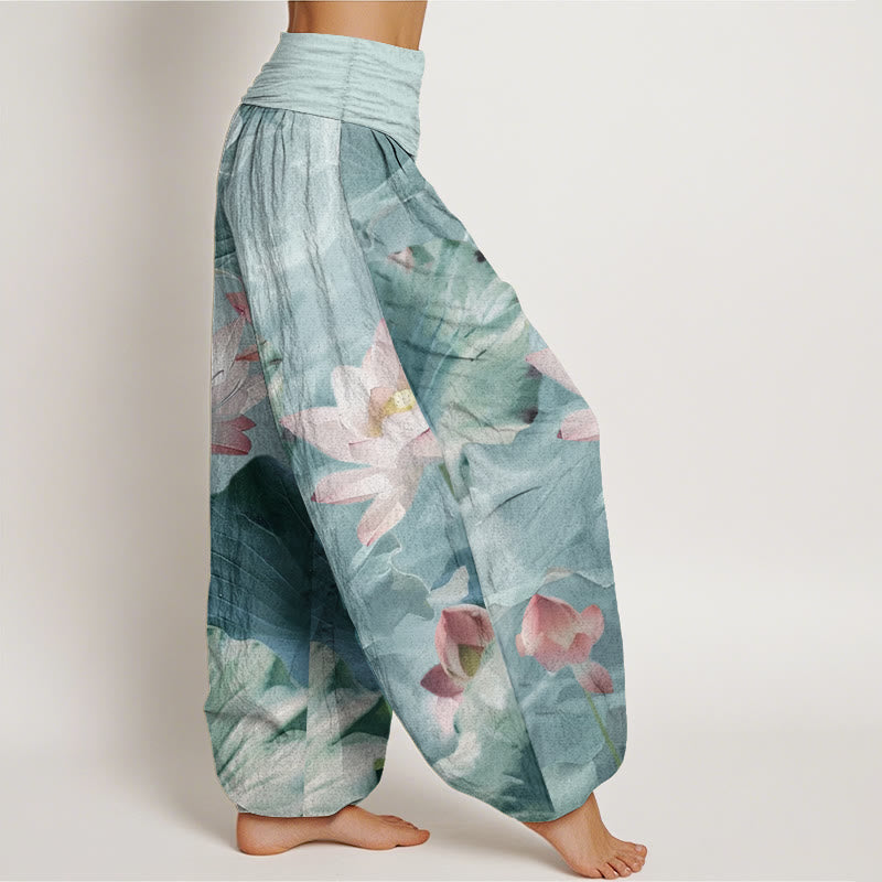 Buddha Stones Pure Cotton Casual Lotus Petal Pond Pattern Women's Elastic Waist Harem Pants