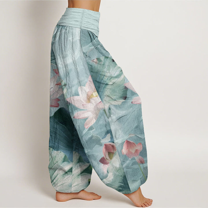 Buddha Stones Pure Cotton Casual Lotus Petal Pond Pattern Women's Elastic Waist Harem Pants