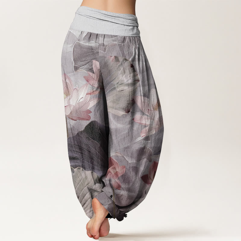 Buddha Stones Pure Cotton Casual Lotus Petal Pond Pattern Women's Elastic Waist Harem Pants