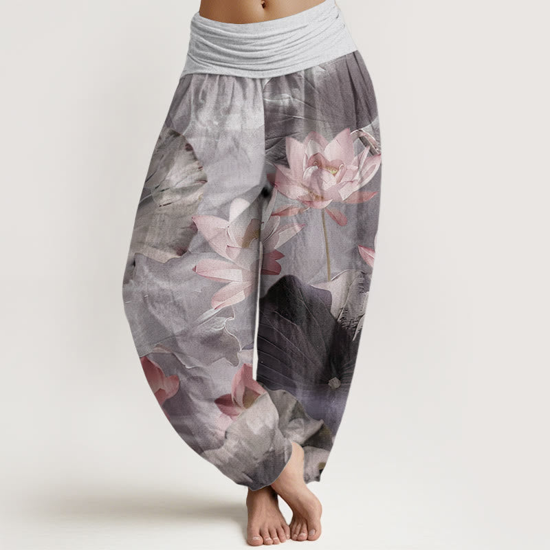 Buddha Stones Pure Cotton Casual Lotus Petal Pond Pattern Women's Elastic Waist Harem Pants