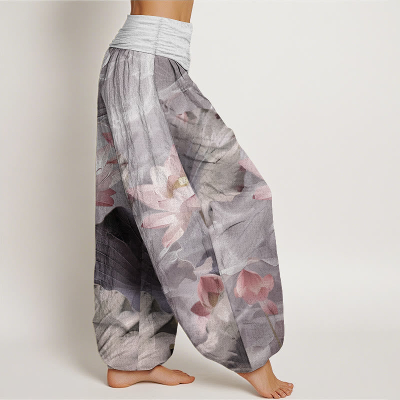 Buddha Stones Pure Cotton Casual Lotus Petal Pond Pattern Women's Elastic Waist Harem Pants