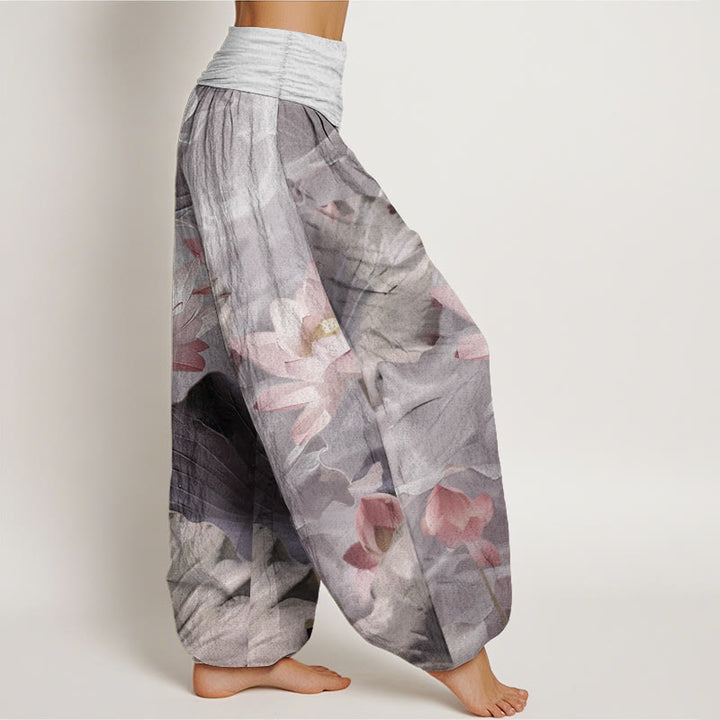 Buddha Stones Pure Cotton Casual Lotus Petal Pond Pattern Women's Elastic Waist Harem Pants