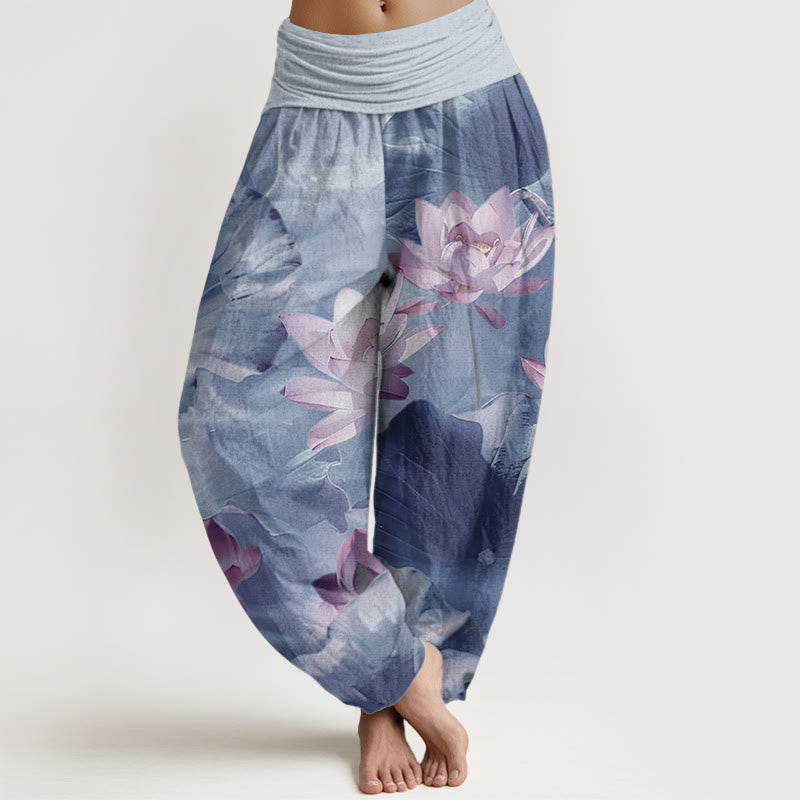 Buddha Stones Pure Cotton Casual Lotus Petal Pond Pattern Women's Elastic Waist Harem Pants