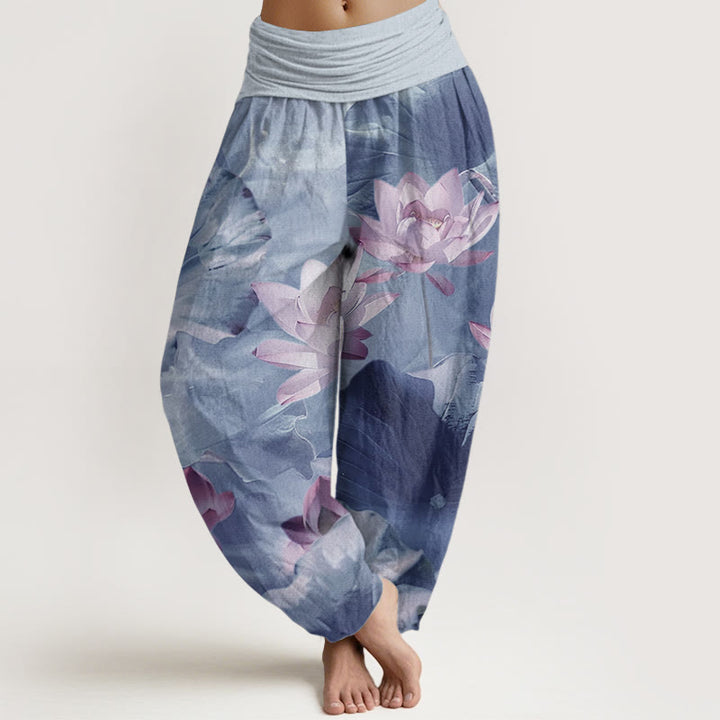 Buddha Stones Pure Cotton Casual Lotus Petal Pond Pattern Women's Elastic Waist Harem Pants