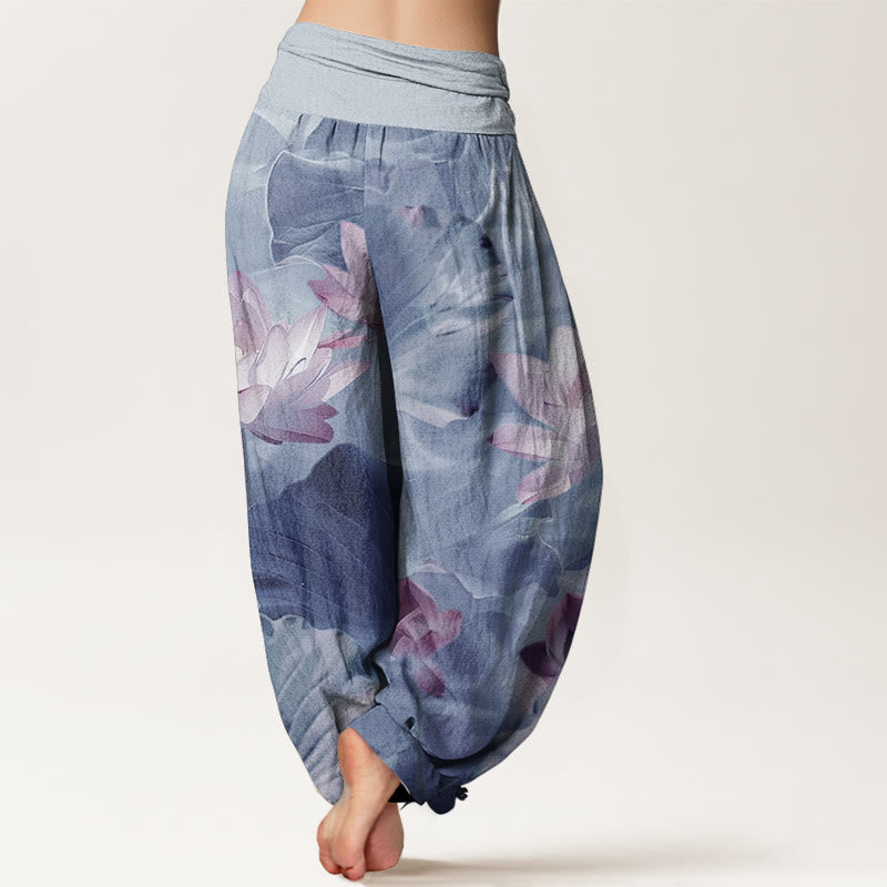 Buddha Stones Pure Cotton Casual Lotus Petal Pond Pattern Women's Elastic Waist Harem Pants