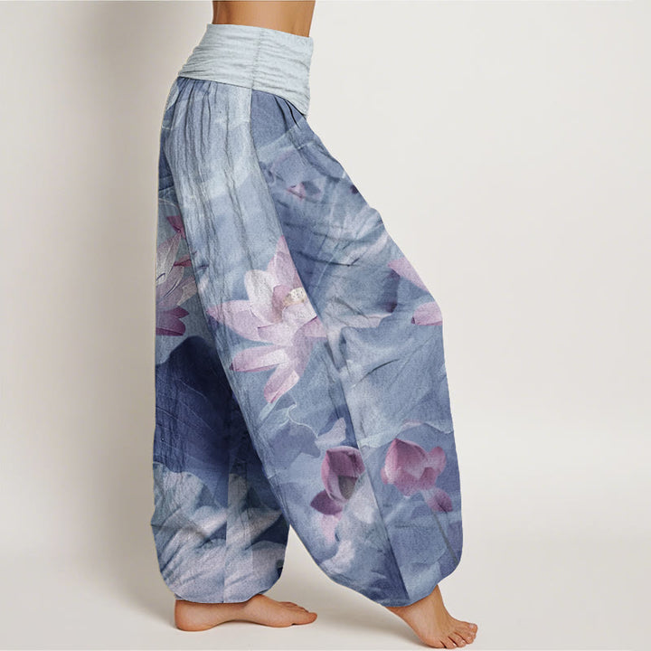 Buddha Stones Pure Cotton Casual Lotus Petal Pond Pattern Women's Elastic Waist Harem Pants