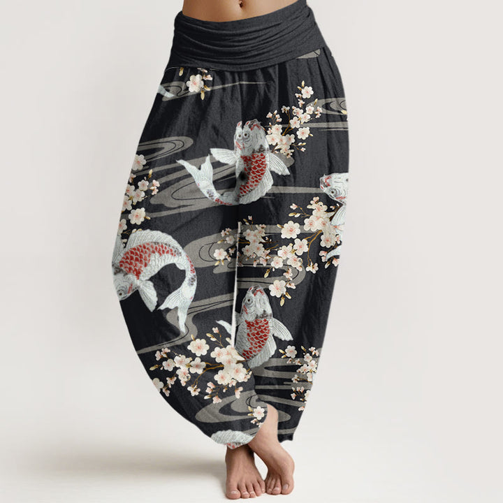 Buddha Stones Casual Cherry Blossoms Koi Fish Pattern Women's Elastic Waist Harem Pants - Black - US22，UK/AU26，EU54 (6XL) - image 0