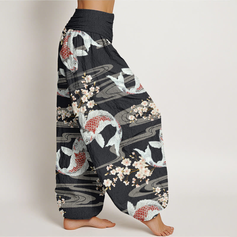 Buddha Stones Casual Cherry Blossoms Koi Fish Pattern Women's Elastic Waist Harem Pants - image 2