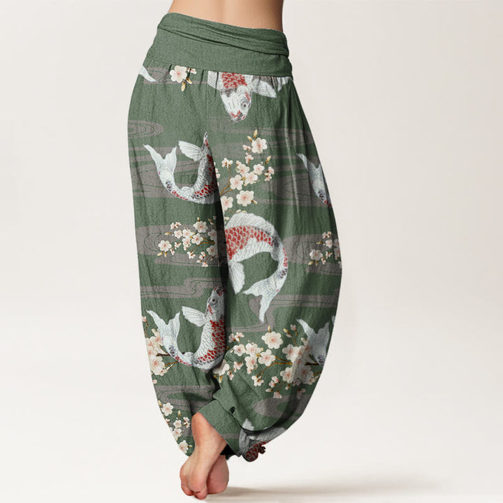 Buddha Stones Casual Cherry Blossoms Koi Fish Pattern Women's Elastic Waist Harem Pants - image 6