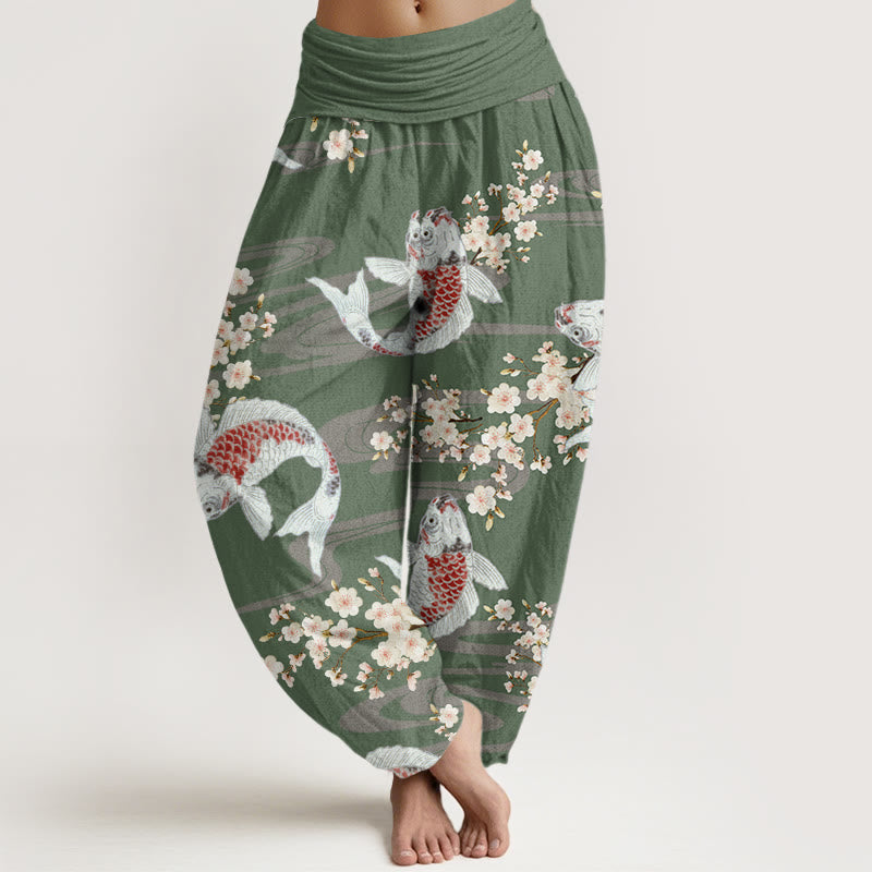 Buddha Stones Casual Cherry Blossoms Koi Fish Pattern Women's Elastic Waist Harem Pants - DarkSeaGreen - US22，UK/AU26，EU54 (6XL) - image 4