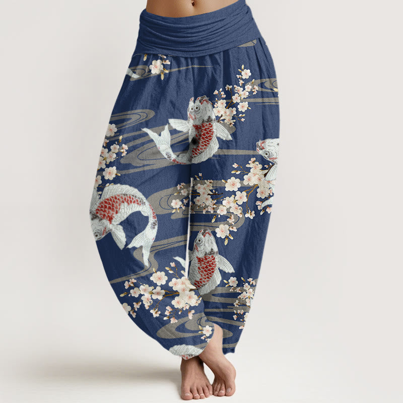 Buddha Stones Cotton Casual Cherry Blossoms Koi Fish Pattern Women's Elastic Waist Harem Pants - SteelBlue - US22，UK/AU26，EU54 (6XL) - image 7