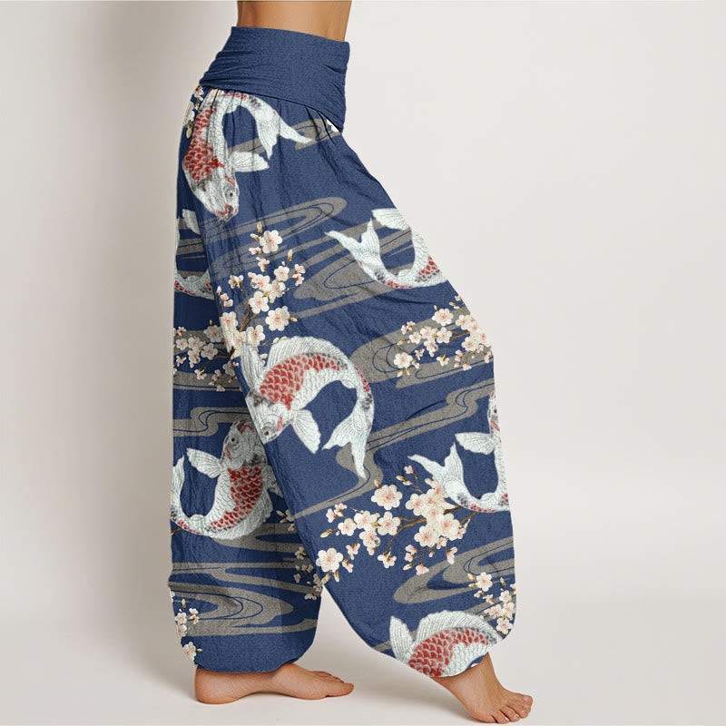 Buddha Stones Casual Cherry Blossoms Koi Fish Pattern Women's Elastic Waist Harem Pants - image 8