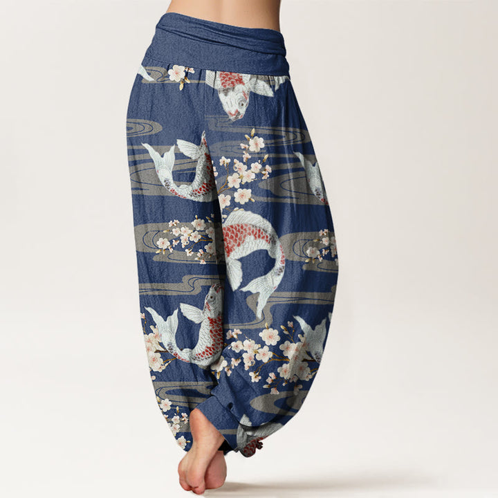 Buddha Stones Cotton Casual Cherry Blossoms Koi Fish Pattern Women's Elastic Waist Harem Pants - image 9
