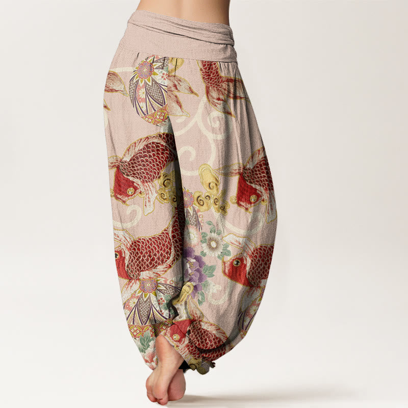 Buddha Stones Cotton Casual Floral Koi Pattern Women's Elastic Waist Harem Pants - image 2