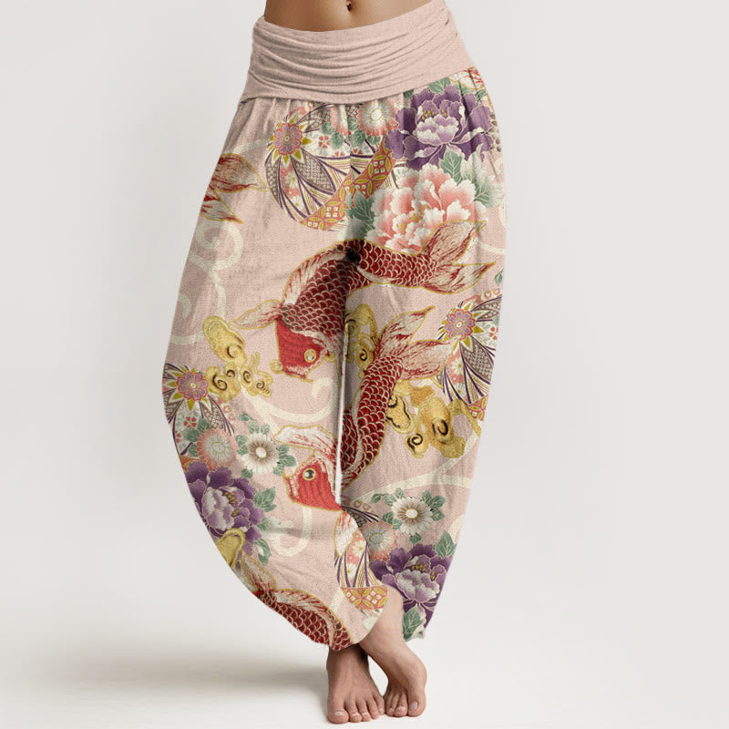 Buddha Stones Cotton Casual Floral Koi Pattern Women's Elastic Waist Harem Pants - Pink - US22，UK/AU26，EU54 (6XL) - image 0