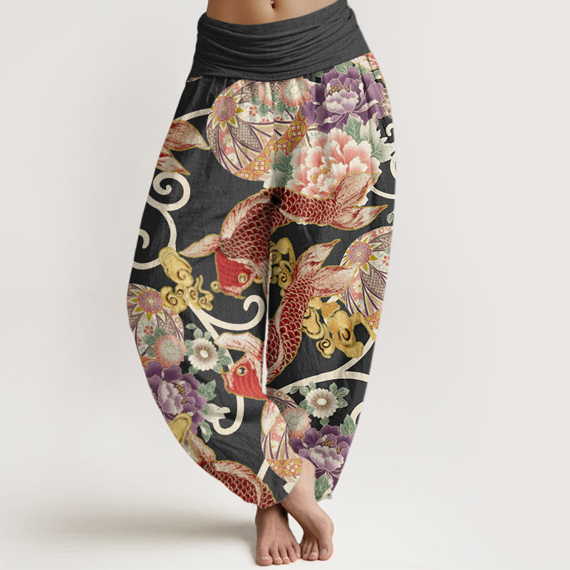 Buddha Stones Casual Floral Koi Pattern Women's Elastic Waist Harem Pants - Black - US22，UK/AU26，EU54 (6XL) - image 4