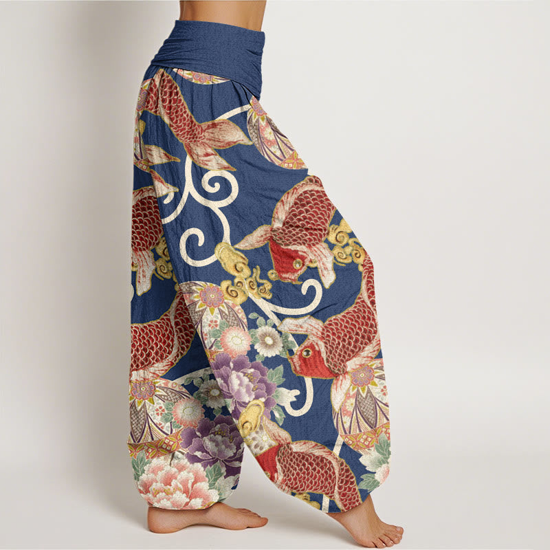 Buddha Stones Cotton Casual Floral Koi Pattern Women's Elastic Waist Harem Pants - image 8