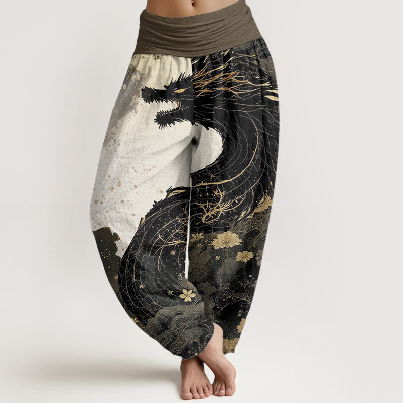 Buddha Stones Pure Cotton Casual Dragon Ancient Tree Pattern Women's Elastic Waist Harem Pants - Black - US22，UK/AU26，EU54 (6XL) - image 0