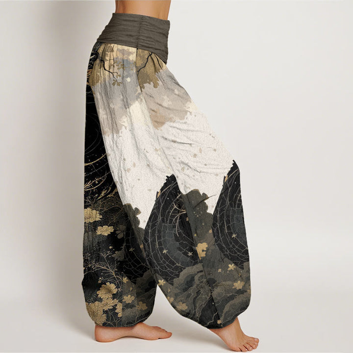Buddha Stones Pure Cotton Casual Dragon Ancient Tree Pattern Women's Elastic Waist Harem Pants