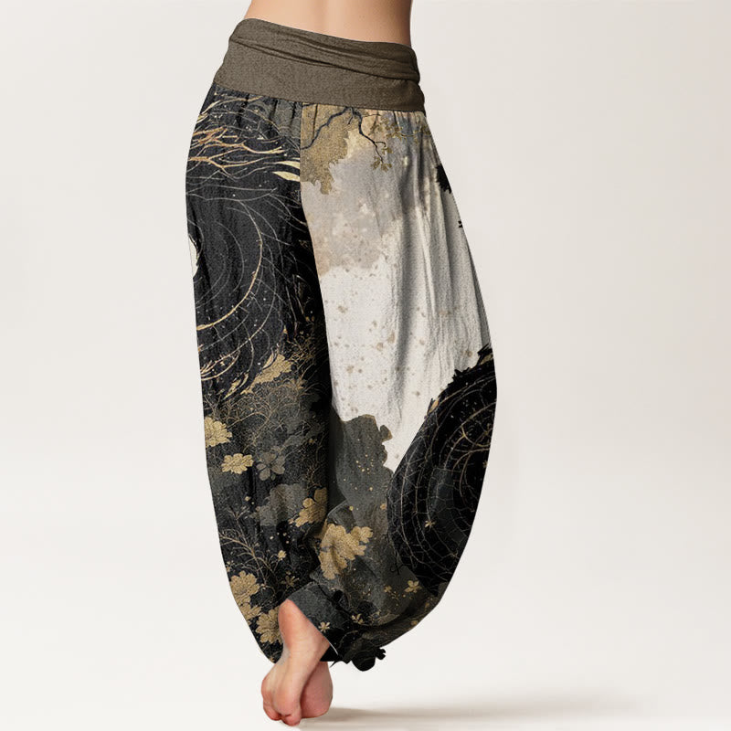 Buddha Stones Pure Cotton Casual Dragon Ancient Tree Pattern Women's Elastic Waist Harem Pants