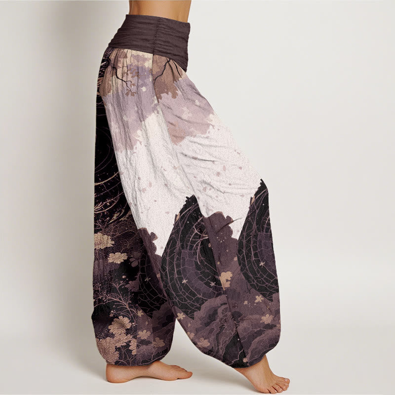 Buddha Stones Pure Cotton Casual Dragon Ancient Tree Pattern Women's Elastic Waist Harem Pants