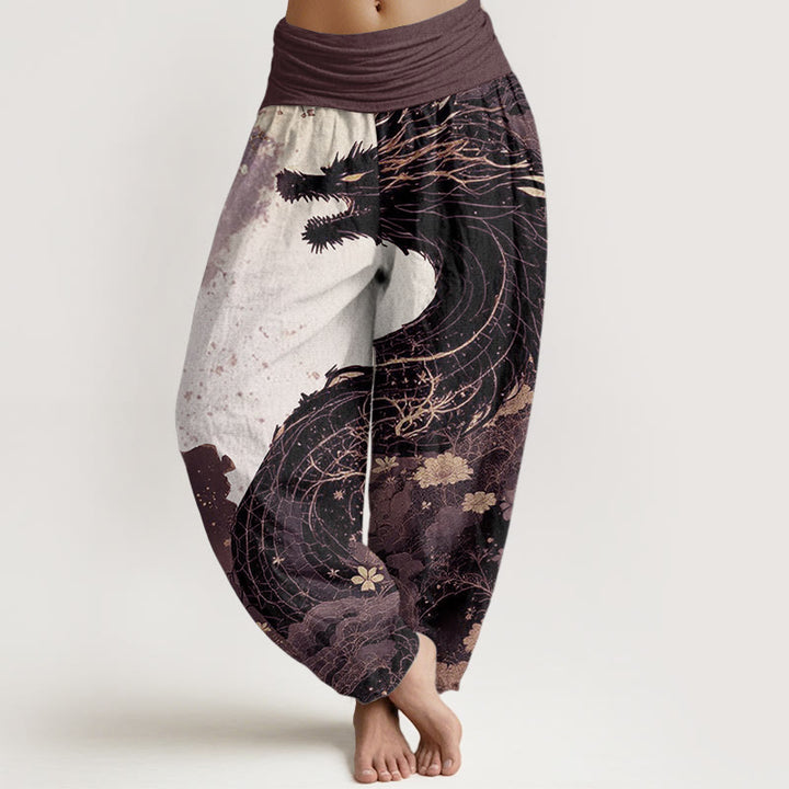 Buddha Stones Pure Cotton Casual Dragon Ancient Tree Pattern Women's Elastic Waist Harem Pants