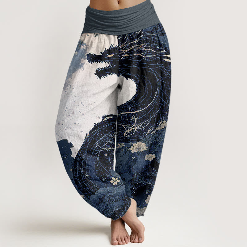 Buddha Stones Pure Cotton Casual Dragon Ancient Tree Pattern Women's Elastic Waist Harem Pants