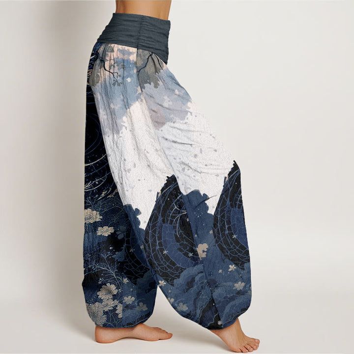 Buddha Stones Pure Cotton Casual Dragon Ancient Tree Pattern Women's Elastic Waist Harem Pants