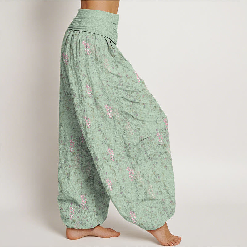 Buddha Stones Cotton Casual Tiny Flowers Pattern Women's Elastic Waist Harem Pants - image 1