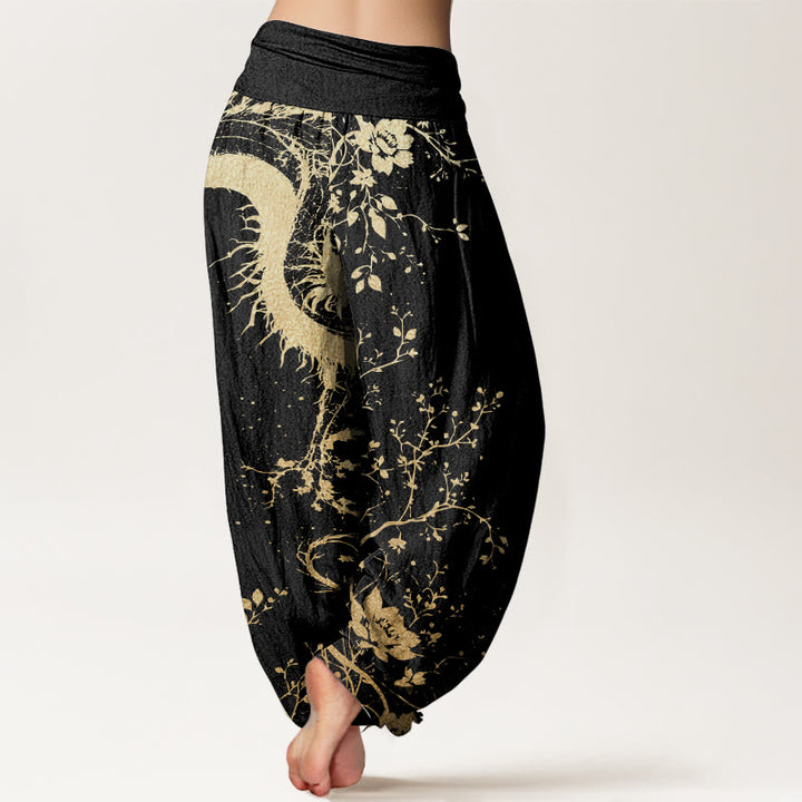 Buddha Stones Pure Cotton Casual Dragon Flower Leaf Pattern Women's Elastic Waist Harem Pants