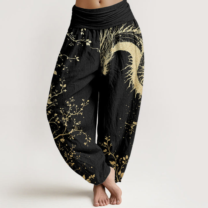 Buddha Stones Pure Cotton Casual Dragon Flower Leaf Pattern Women's Elastic Waist Harem Pants