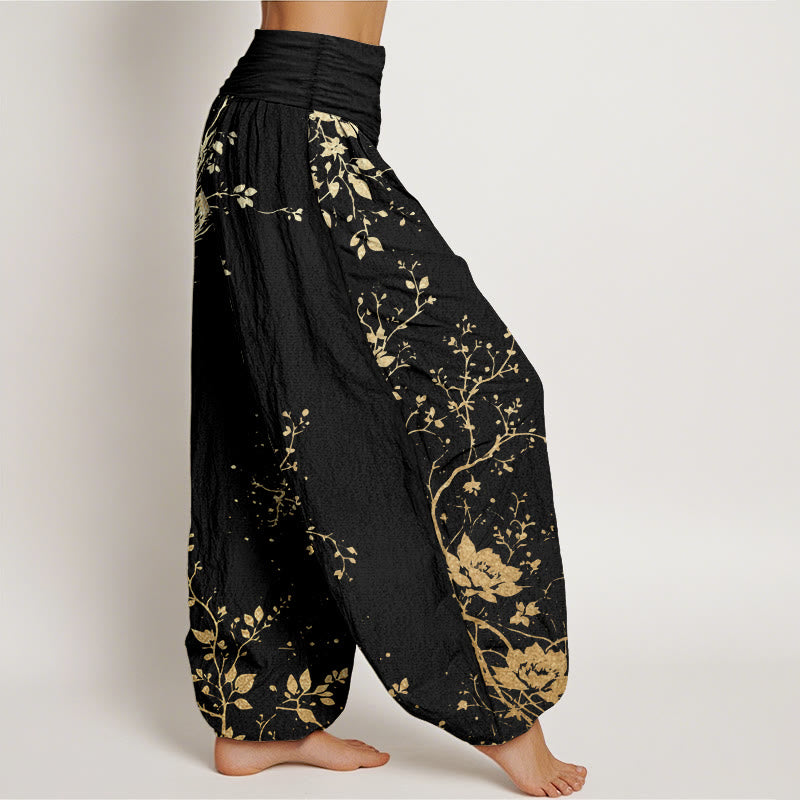Buddha Stones Pure Cotton Casual Dragon Flower Leaf Pattern Women's Elastic Waist Harem Pants