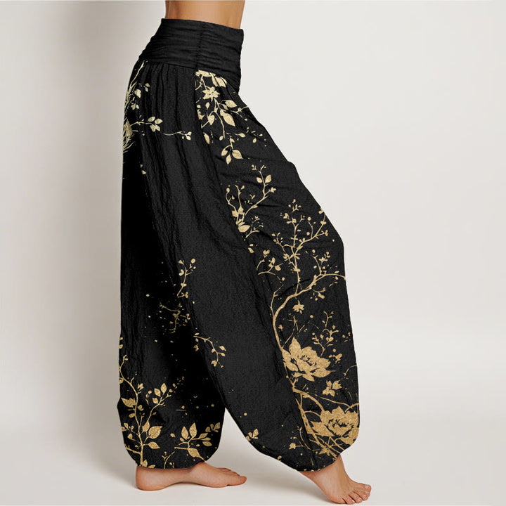 Buddha Stones Pure Cotton Casual Dragon Flower Leaf Pattern Women's Elastic Waist Harem Pants