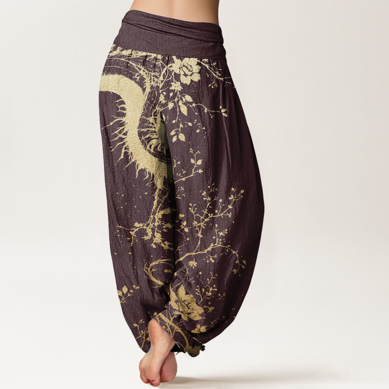 Buddha Stones Pure Cotton Casual Dragon Flower Leaf Pattern Women's Elastic Waist Harem Pants